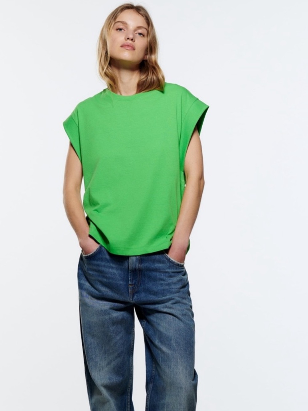Zara Green Crewneck Dropped Sleeve T-Shirt